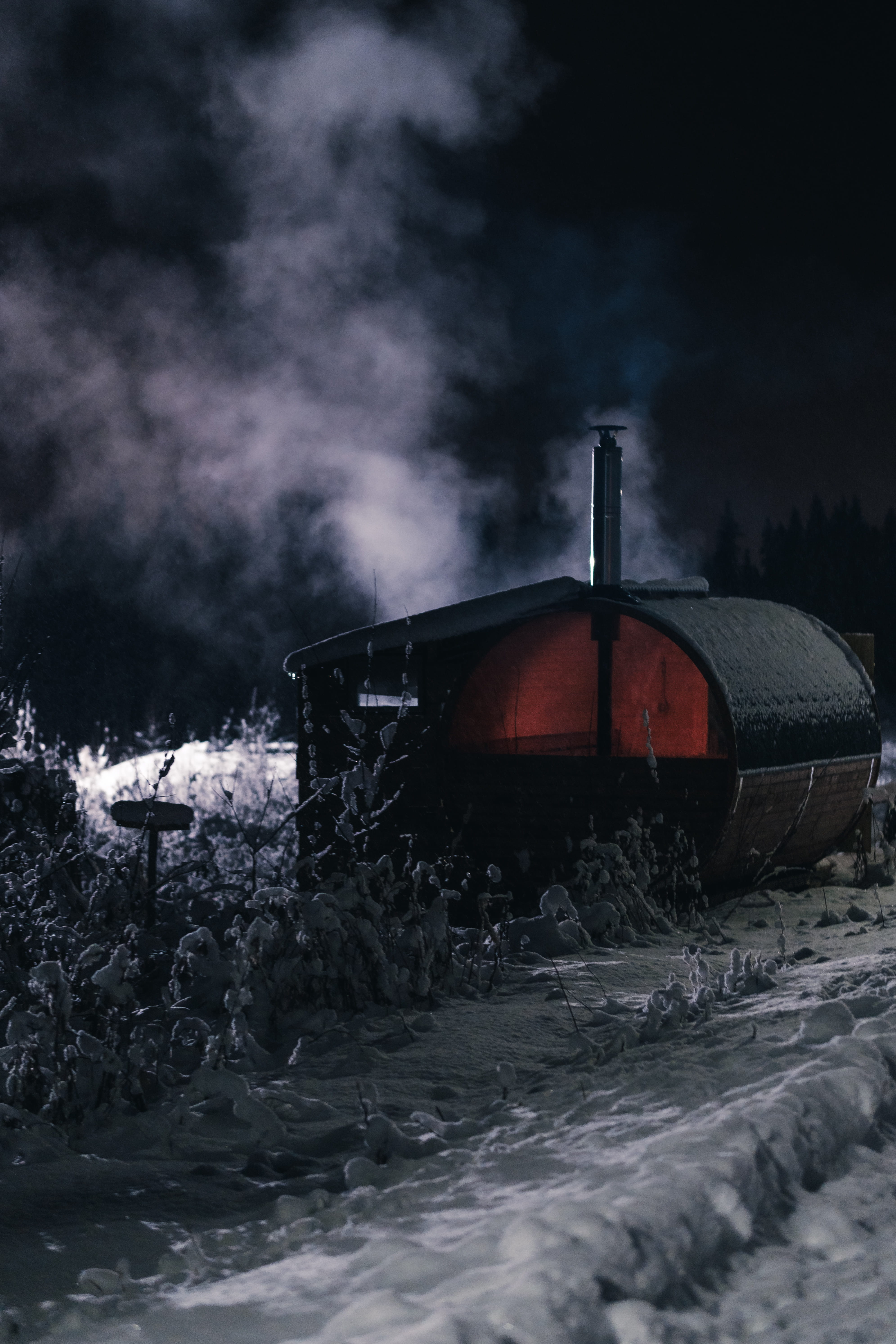 Large sauna outside in the snow